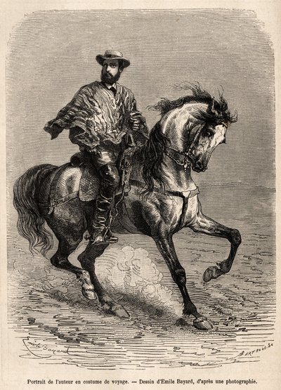 Portret van de auteur, op zijn rijdier, gekleed in zijn reiskostuum, gravure naar een tekening van Emile Bayard ter illustratie van het verhaal over de woestijn van Acatama en Caracoles (Zuid-Amerika), door ingenieur A.Bresson, 1870-1874, gepubliceerd in 
