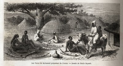 Voorbereiding van ivoor, voor een Turkse handelaar, Oeganda, tekening door Emile Bayard (1837-1891), ter illustratie van de ontdekkingsreis van Kapitein Speke in Afrika van 1860 tot 1863. Gravure in "Le tour du monde", uitgegeven door Edouard Charton door Emile Antoine Bayard