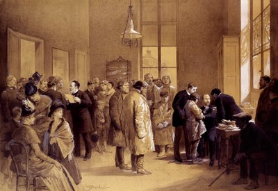 Hondsdolheid vaccinatie: Louis Pasteur (1822-1895) deed een beroep op de fans terwijl Dr. Gaucher een Russisch kind, Joseph Meister, vaccineerde tegen hondsdolheid op 6/07/1885 in een laboratorium aan de Ulmstraat. Afdrukken door Emile Bayard (1837-1891) 1 door Emile Antoine Bayard