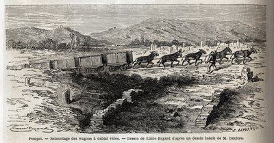 Heropbouw van lege wagons tijdens de opgravingen van 1864 in Pompeii, tekening door Emile Bayard (1837-1891), ter illustratie van de tekst van Marc Monnier (1829-1885) 