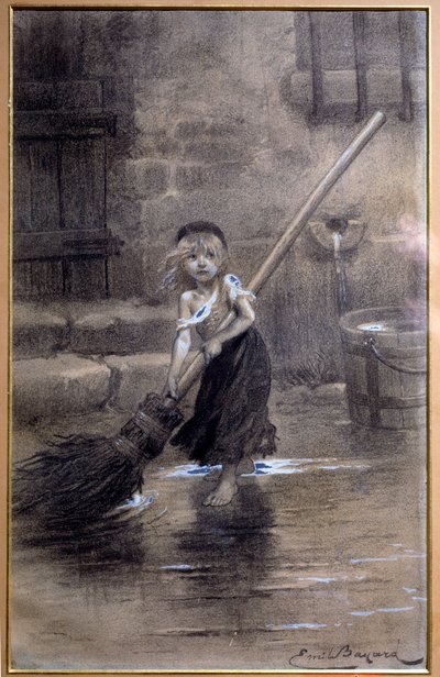 Representatie van Cosette, blootsvoets vegen. Illustratie voor Les Miserables door Victor Hugo (1802-1885) door Emile Bayard (1837-1891) 19e eeuw. Parijs, Maison Victor Hugo door Emile Antoine Bayard