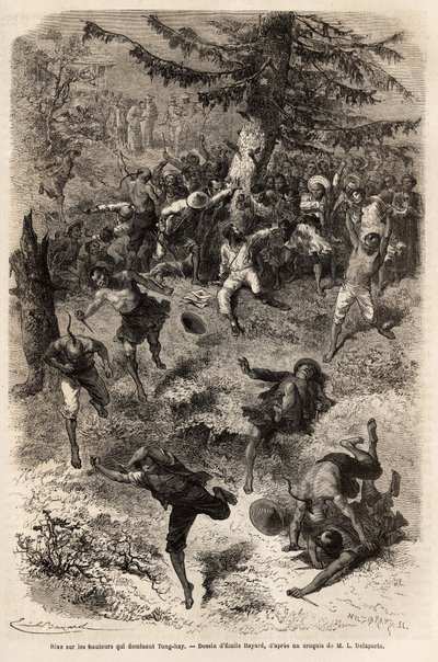 Ruzie op de hoogten die Tong-hay (of Tong hay) domineren, een van de leden van de expeditie die op de hoogten van de stad vertrok om naar de natuur te tekenen, wordt gevolgd door een menigte nieuwsgierigen, die een algemene vechtpartij verklaren, elk wense door Emile Antoine Bayard