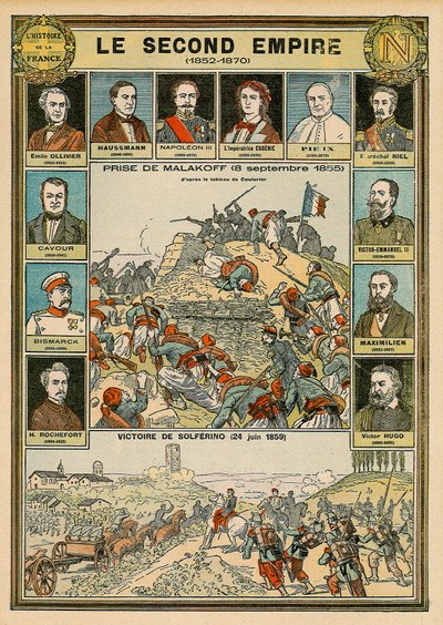 Tweede Keizerrijk 1852 tot 1870 - verovering van Malakoff 8 september 1855 - overwinning van Solferino 24 juni 1859 - Emile Ollivier, Baron Haussmann, Napoleon III, Imperator Eugenia, Paus Pius 9, Maarschalk Niel, Victor Emmanuel II van Italië door Emile Antoine Bayard