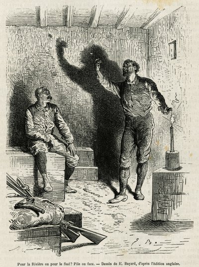 Sir Henri Morton Stanley (1841-1904) en Franck Pock, zijn reisgenoot, beslissen een route door kop of munt, tekening door Emile Bayard, ter illustratie van het verhaal "Door het mysterieuze continent" (Equatoriaal Afrika), een reis c door Emile Antoine Bayard