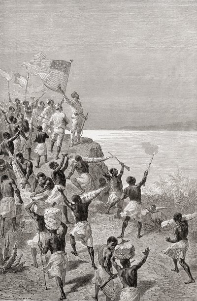 Stanley en zijn expeditie zien voor het eerst Tanganyika, Oost-Afrika, in 1872, illustratie uit 