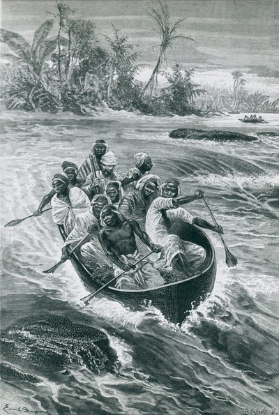 Stanley overwint de stroomversnellingen op de Congo-rivier, tekening door Emile Bayard door Emile Antoine Bayard