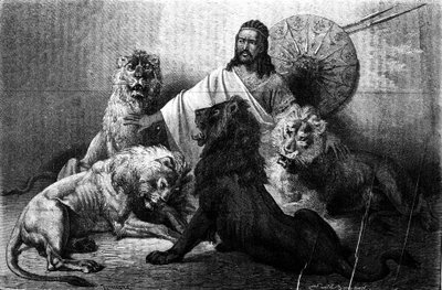 De Keizer (ras) Theodoros van Abessinië omringd door zijn leeuwen. gravure uit de helft van de 19e eeuw. Illustratie door Emile Bayard. door Emile Antoine Bayard