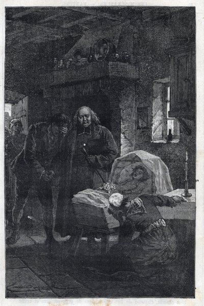 De bisschop Myriel met een rouwende familie - Illustratie door Emile Bayard (1837-1891) voor 