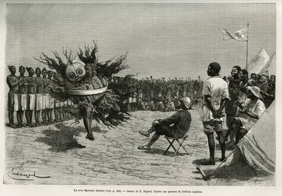 De Sova Mavanda (koning), omringd door zijn mannen die een eentonig lied psalmodiëren, dansend voor de majoor. Gravure door Emile Bayard, ter illustratie van het verhaal hoe ik Afrika heb doorkruist, van de Atlantische Oceaan tot de Indische Oceaan, door m door Emile Antoine Bayard