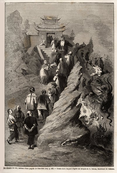 De Weg naar de Hemel, tekening door E.Bayard, gebaseerd op een schilderij van een pagode in Tien Tsin, ter illustratie van de reis van Shanghai naar Moskou, van 1859 tot 1862, door M.de Bourboulon, minister van Frankrijk in China. Gravure in "Le tour du mo door Emile Antoine Bayard