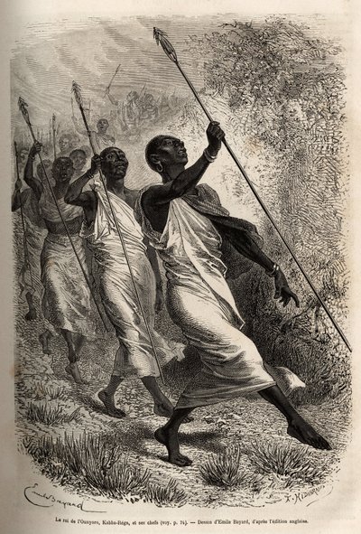 De aankomst van Kabba Rega, koning van de Ounyoro (oostelijk Soedan) en de hoofden van zijn hof, bij het kamp van Sir Baker voor een officieel bezoek, gegraveerd naar een tekening van Emile Bayard, illustratie van een expeditie in Centraal-Afrika door Emile Antoine Bayard