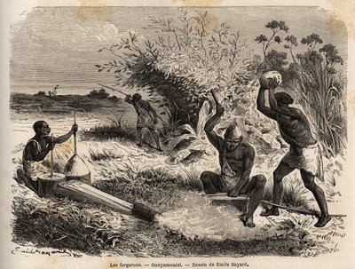 De smeden, in de ounyamouezi (Grote Meren regio, Afrika), tekening door Emile Bayard (1837-1891), ter illustratie van de ontdekkingsreis in Afrika, van 1860 tot 1863 van kapitein Speke. Gravure in "Le tour du monde", uitgegeven door Edouard Charton door Emile Antoine Bayard