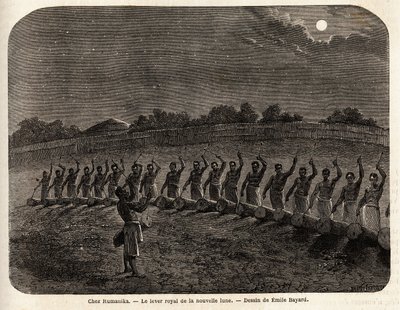 De ceremonie van de trommels voor de opkomst van de nieuwe maan, aan het hoofd van de stam Rumanika, in Karague (westelijk van het Victoriameer, in het huidige Zimbabwe), tekening door Emile Bayard (1837-1891), ter illustratie van de ontdekkingsreis van Ka door Emile Antoine Bayard