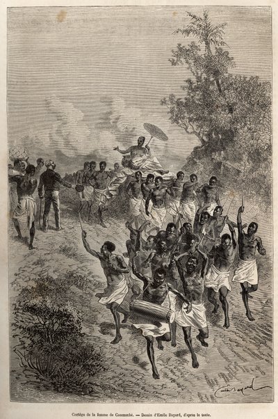 De stoet van de vrouw van Cassemmbe passeert voor Livingstone die haar groet, gegraveerd naar een tekening van Emile Bayard, ter illustratie van David Livingstone
