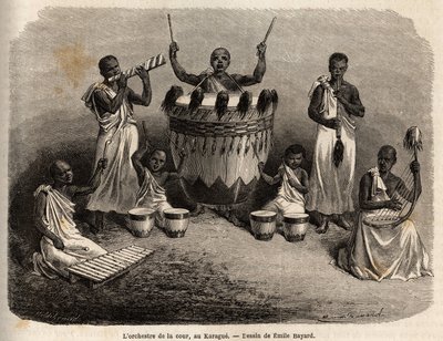 Het hoforkest, in de Karague (ten westen van het Victoriameer, het huidige Zimbabwe), tekening door Emile Bayard (1837-1891), illustratie van Kapitein Speke