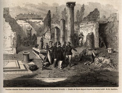 De opgravingen van 1864 in Pompeii, onder leiding van inspecteur Fiorelli, tekening door Emile Bayard (1837-1891), ter illustratie van de tekst van Marc Monnier (1829-1885) "Pompeii en de Pompeianen". Gravure in "Le tour du monde", uitgegeven door Edouard  door Emile Antoine Bayard