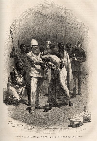 De uitwisseling van bloed tussen koning Rionga en Sir Baker, na het drinken van een grote hoeveelheid bananencider en een nacht waken en vasten, vindt de ceremonie plaats, elk om de beurt snijden ze hun onderarmen en drinken een druppel bloed, daarna wordt door Emile Antoine Bayard