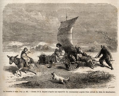 De zeilkruiwagen, vervoerssysteem gebruikt in Noord-China, tekening door E.Bayard, ter illustratie van de reis van Shanghai naar Moskou door Emile Antoine Bayard