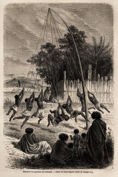 De schommel van Nieuw-Zeelandse krijgers op de landengte van Auckland, tekening door Emile Bayard (1837-1891), ter illustratie van Ferdinand de Hochstetter