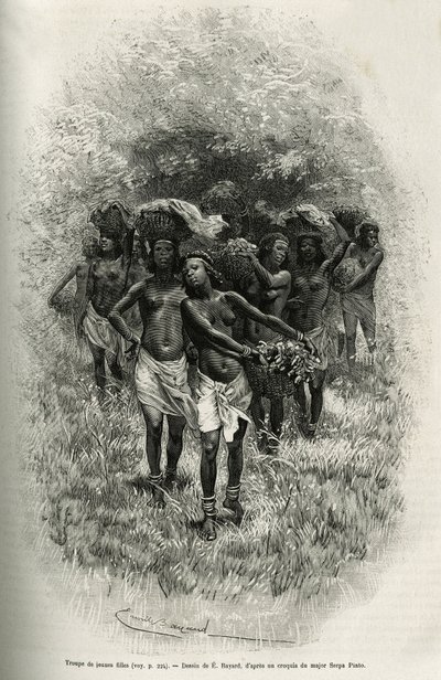 Troep jonge meisjes met manden vol voedsel voor de bevoorrading van S. Pinto en zijn mannen. Gravure door Emile Bayard, ter illustratie van het verhaal hoe ik Afrika doorkruiste, van de Atlantische Oceaan tot de Indische Oceaan, door Majoor Serpa Pinto, in door Emile Antoine Bayard