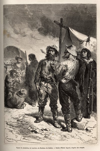 Typen pioniers, ossenhoeders en indianen van Benton (Montana), gravure naar de tekening van Emile Bayard, ter illustratie van de reis van Washington naar San Francisco, in 1868, door L. Simonin, gepubliceerd in 
