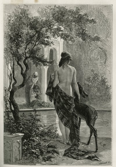 Een tuin in Fes, gravure door Emile Bayard, ter illustratie van het verhaal van Marokko door Edmondo de Amicis, in 1875, gepubliceerd in de tour du monde, onder leiding van Edouard Charton door Emile Antoine Bayard