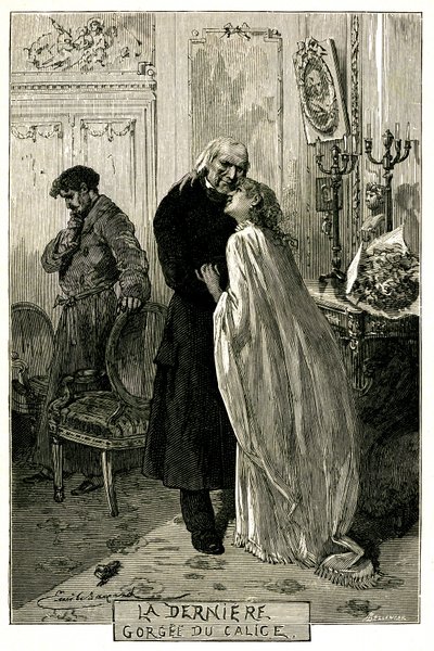 Victor Hugo "Les Misérables", "De laatste slok van de kelk". Illustratie door Emile Bayard. De voormalige dwangarbeider Jean Valjean werd oud met Cosette en Marius. Gravure van de editie Ollendorff 1906 door Emile Antoine Bayard