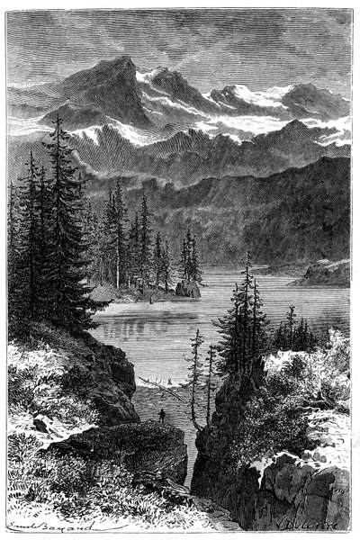 Uitzicht op de Alpen: bos, meer, pieken. Illustratie door Emile Bayard voor het boek Les Montagnes van Albert Dupaigne, editie Mame 1881 door Emile Antoine Bayard