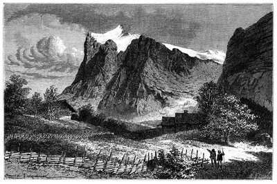 Uitzicht op de Zwitserse Alpen. Illustratie door Emile Bayard voor het boek Les Montagnes van Albert Dupaigne, editie Mame 1881. door Emile Antoine Bayard