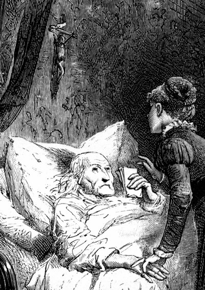 Jonge vrouw zorgt voor een oude man die op zijn bed sterft, onder een kruisbeeld aan de muur. De stervende man houdt zijn laatste aanbevelingen (testament) in de hand. Detail van een gravure door Emile Bayard ter illustratie van Jules Sandeau