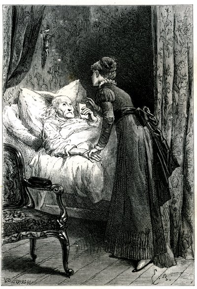 Jonge vrouw die voor een oude man zorgt die sterft in zijn bed onder een crucifix aan de muur. De stervende man houdt zijn laatste aanbevelingen (testament) in de hand. Gravure door Emile Bayard ter illustratie van Jules Sandeau