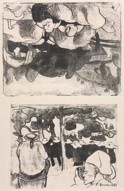Les Bretonneries: Bretonse Vrouwen die Hooibergen Maken (Bretonnes Faisant les Foins) en Huwelijk in Bretagne (La Noce en Bretange) door Emile Bernard
