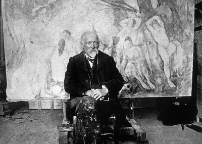 Paul Cezanne (1839-1906) Franse schilder in 1904 voor een van zijn doeken met zwemmers (zwart-wit foto) door Emile Bernard