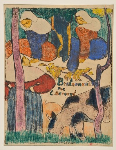 Drie vrouwen en een koe in een weide door Emile Bernard