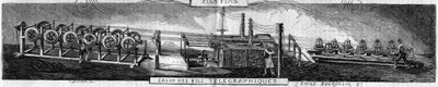Galvanisatie van ijzer en telegraafdraden in de Grenelle-fabriek door de Franche Comte smederijen. Gravure door Emile Bourdelin in 
