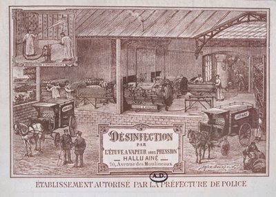 Poster die reclame maakt voor machines voor desinfectie door stoom, geproduceerd door Hallu Aine door Emile Bourdelin