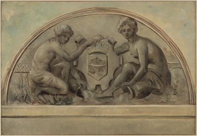 Schets voor het fronton van de schoolgroep van Alfortville: De Seine en de Marne omlijsten het wapen van Alfortville, in 1898 door Emile Delbos