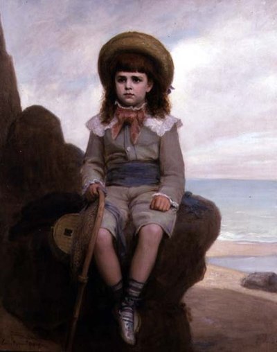 Jongen op een rots met een garnalennet door Emile Dupont Zipcy