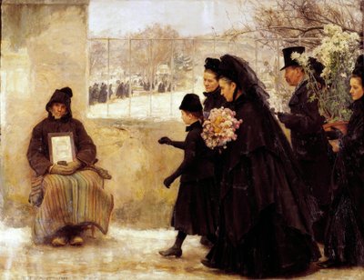Allerheiligen: een rouwende familie die naar de begraafplaats gaat geeft een munt aan een oude man die aalmoezen doet door Emile Friant