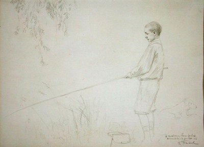 Jonge jongen aan het vissen door Emile Friant