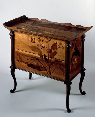 Art Nouveau commode met polychrome inleg en blad door Emile Galle