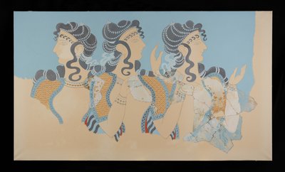 Schilderij van de gerestaureerde Dames in Blauw Fresco uit het Paleis van Minos in Knossos (Evans Fresco Drawing O/7) door Emile Gilliéron