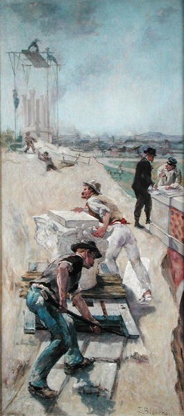 Arbeiders die het Hotel de Ville bouwen, Parijs door Emile Henri Blanchon