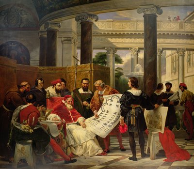Paus Julius II beveelt Bramante, Michelangelo en Raphael om het Vaticaan en de Sint-Pietersbasiliek te bouwen, 1827 door Emile Jean Horace Vernet