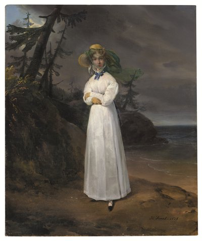 Portret van de weduwe Comtesse Jean-Henri-Louis Greffulhe in een landschap door Emile Jean Horace Vernet