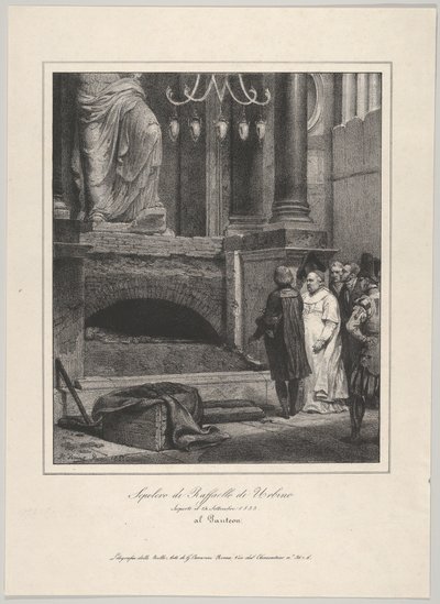 Het graf van Raphael, geopend op 14 september 1833, Pantheon, Rome door Emile Jean Horace Vernet