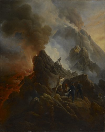 De uitbarsting van de Vesuvius, de kunstenaar en zijn vader, Carle Vernet, op de voorgrond, c. 1822 door Emile Jean Horace Vernet