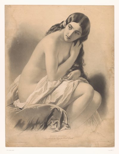 Zittende naakte vrouw die naar een wesp kijkt (La guêpe, Studies van geselecteerde kunstenaars, Études choisies) door Emile Lassalle