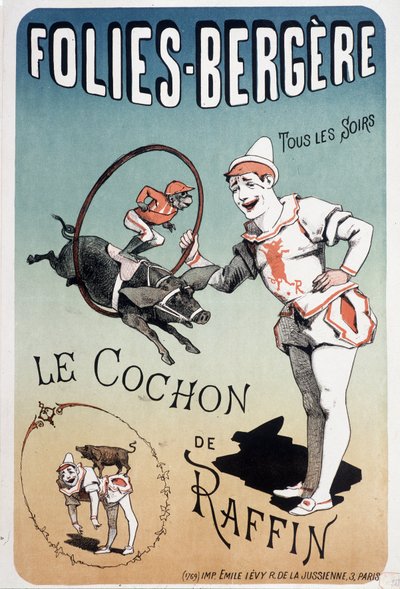 Show: het varken van Raffin, bij de Folies-Bergère - Poster door Lévy, eind 19e eeuw door Emile Levy