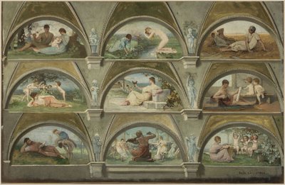Schets voor de salon des cariatides in het Hôtel de Ville in Parijs: Allegorische scènes uit het dagelijks leven (voussures) door Emile Levy